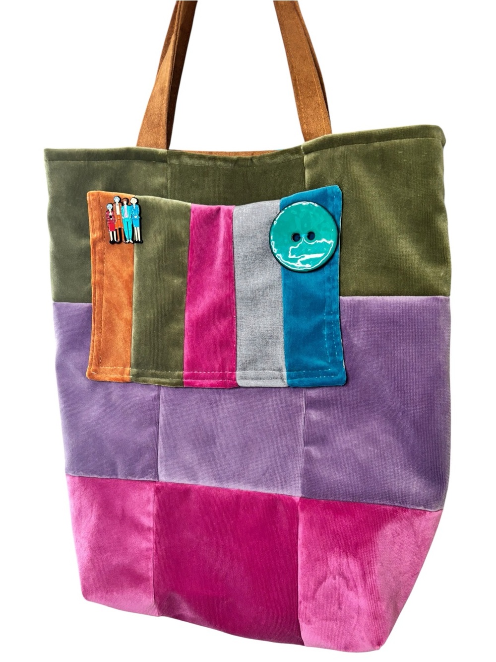 Handmade Colorblock Velvet Patchwork Tote Bag w/ Golden Girls Enamel Pin - Picture 5 of 8